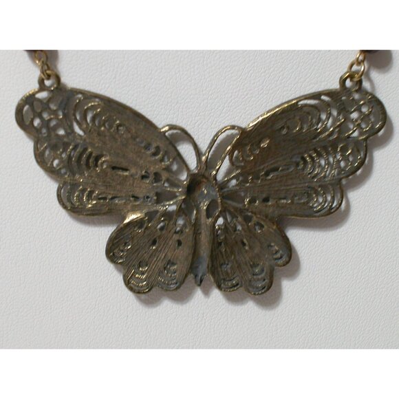 Vintage Filigree Butterfly Pendant Necklace With Brown Bead Chain - Picture 3 of 6